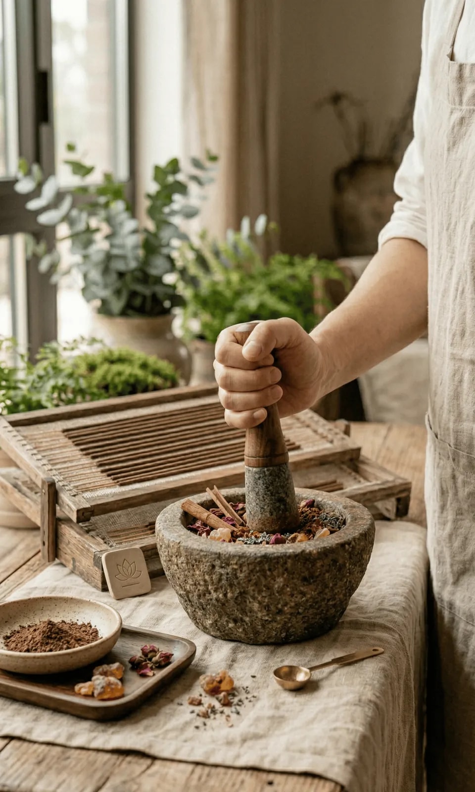 Grinding: The traditional way to grind incense materials is in a stone mortar.