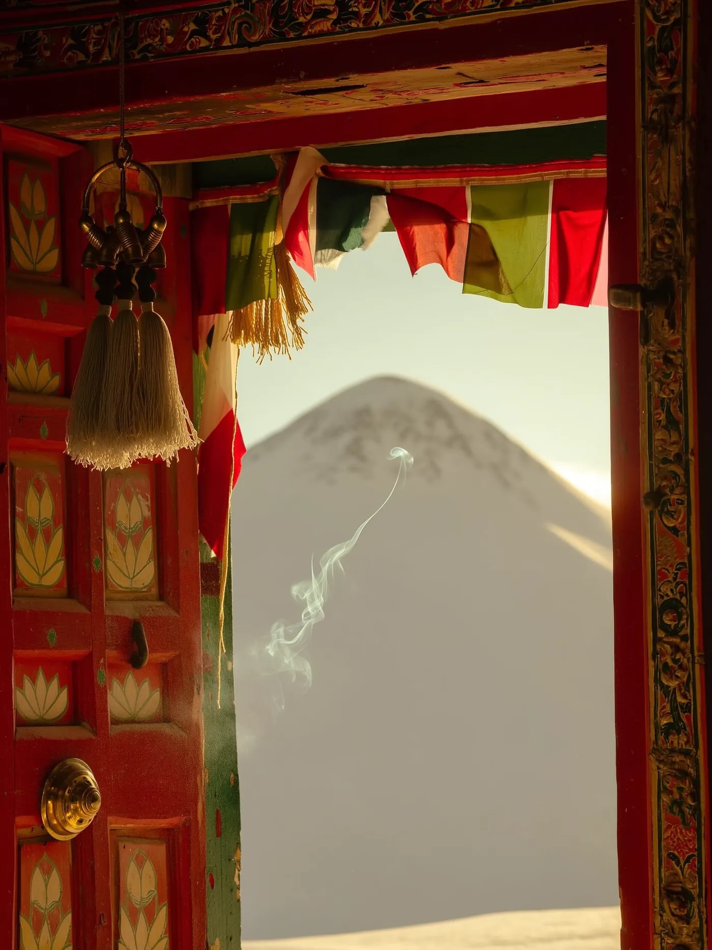 An open, hand-painted Tibetan door with prayer flags and brass bells, incense smoke drifting toward a snow peak