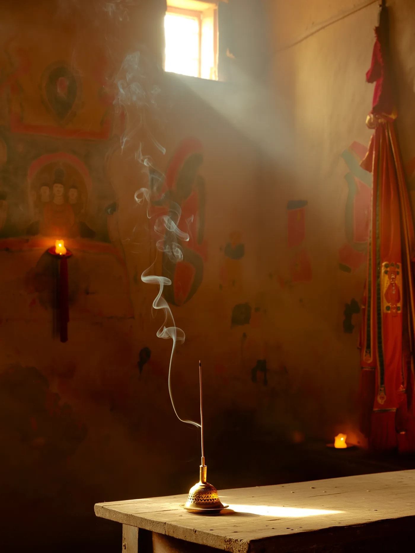 A single incense stick in a brass holder in a dim Tibetan prayer room, smoke rising through a beam of light